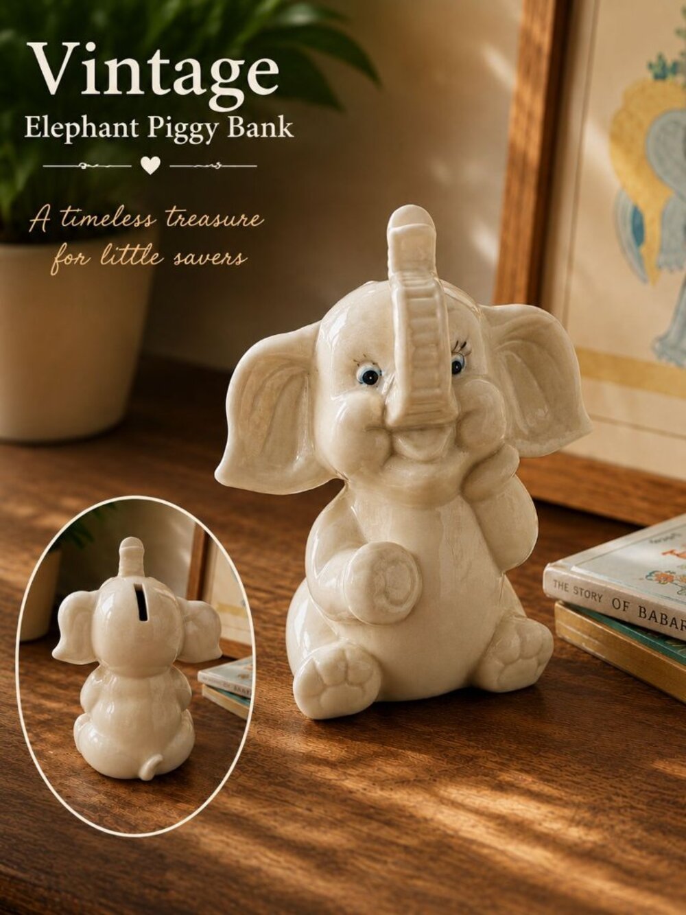 Vintage Ceramic Elephant Piggy Bank Coin Bank Raised Trunk Cute Nursery Decor